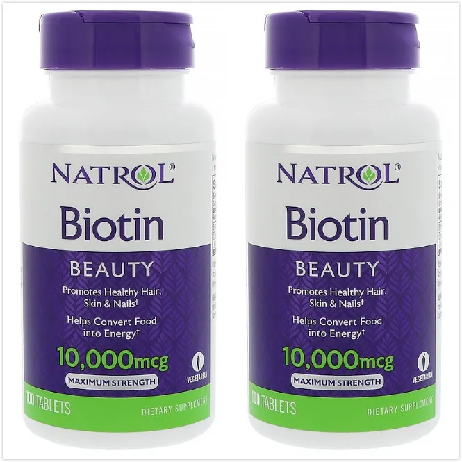 

2 шт., Natrol Biotin 10000 mcg 100 таблеток + кальций для волос, ногтей, кожи