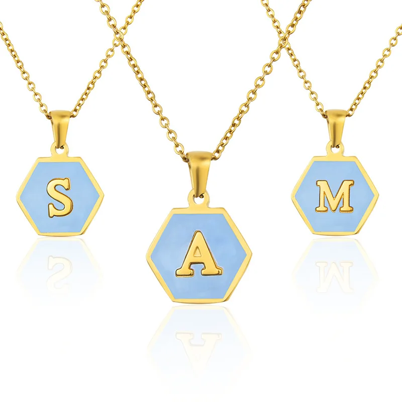 

GD Trendy 18K Hexagon Blue Shell Letter Pendant Necklace for Women Gold Plated Initial 26 Alphabet Stainless Steel Necklace