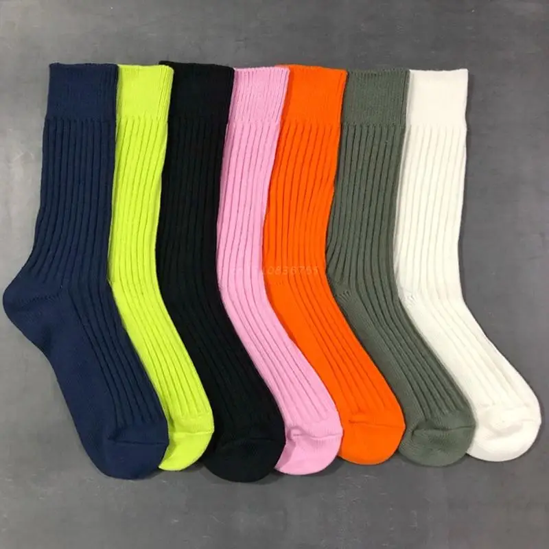 

Men Women Cotton Crew Socks Harajuku Hip Hop Ribbed Knit Fluorescent Neon Solid Color Casual Middle Tube Calf Hosiery