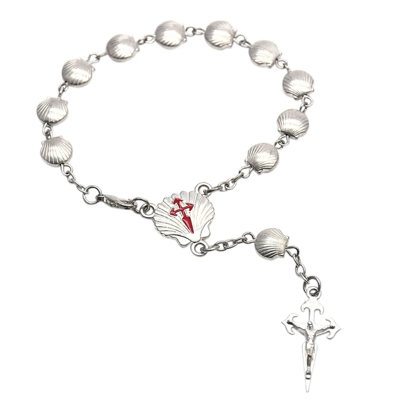 

Shell Beads Rosary Bracelet Vintage Cross Wristband Chain Prayer Bracelets Men Women Religious Jewelry