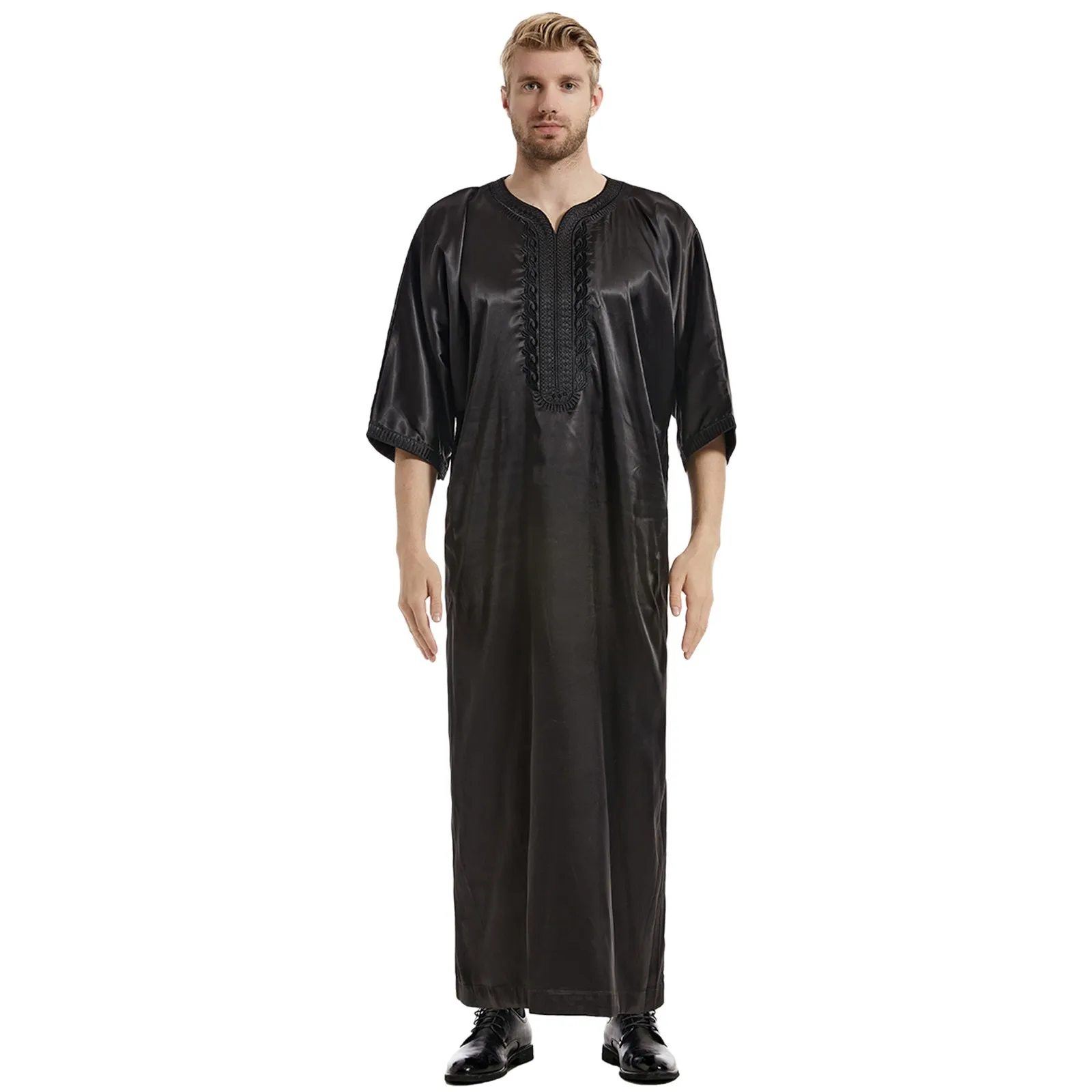 Men's Casual Muslim Arab Middle Satin Embroidered Robe With Mid Sleeve Holiday Vintage Print