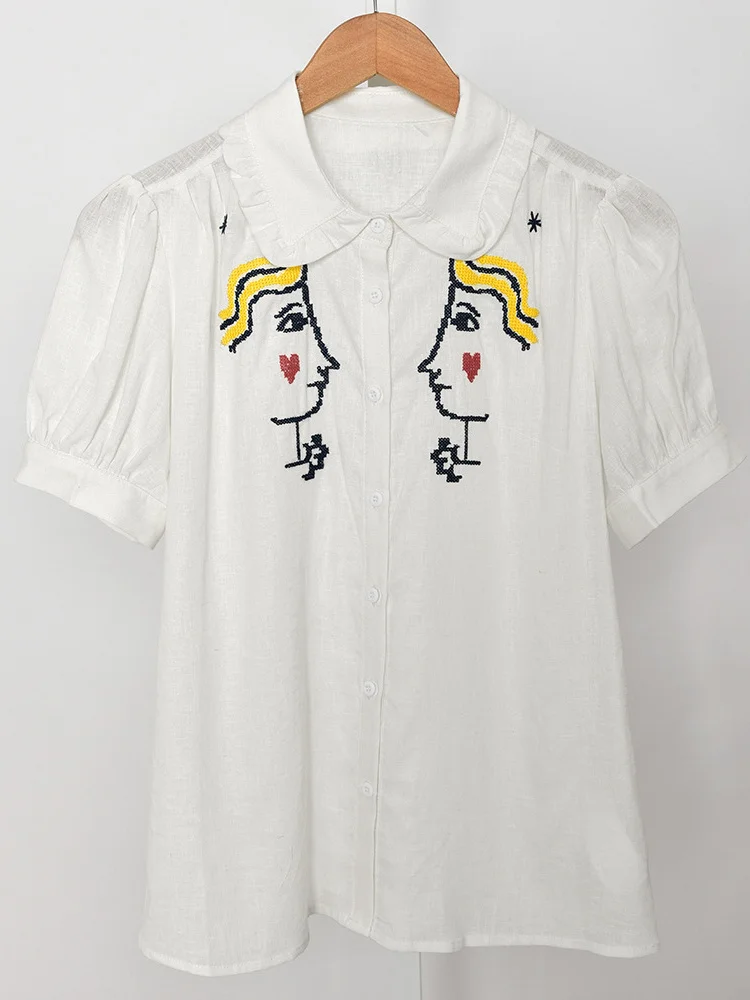 Распродажа Женская блузка с пышными рукавами и мультяшной вышивкой