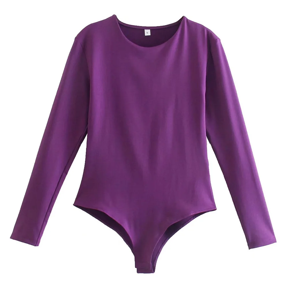 

M GIRLS Women Fashion Fitted Basic Snap-button Bodysuits Vintage O Neck Long Sleeve Female Playsuits Mujer