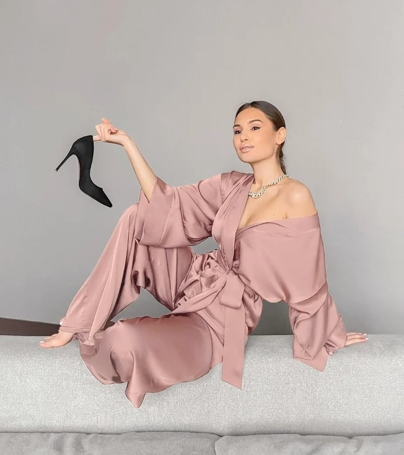 Silk Pijamas Women Solid Lace Up Long-sleeved Cardigan Sleep Tops   Nightgown Suit Home Loose Trousers Pajama Women Loungewear