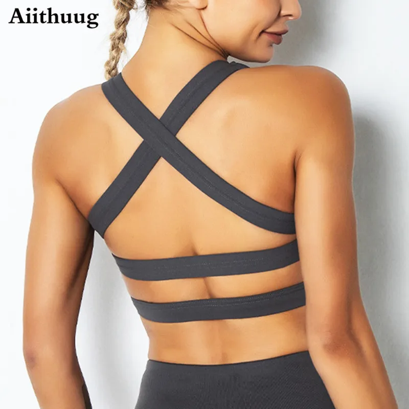 

Aiithuug Strappy Yoga Sports Bras for Women Padded Criss-Cross Back Tank Tops High Impact Support Criss Cross Back Yoga Bras