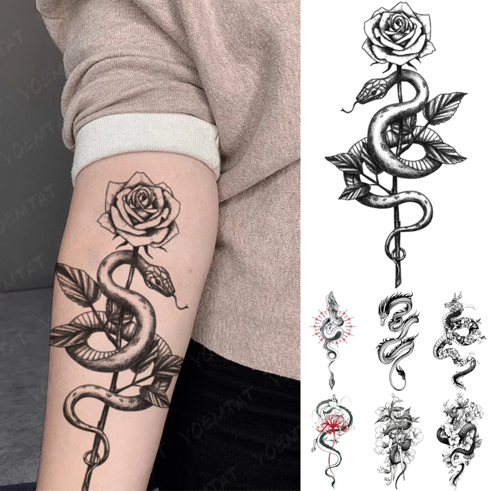 

Rose Snake Waterproof Temporary Tattoo Sticker Swimming Black Dragon Realistic Flash Tatto Women Men Arm Body Art Fake Tattoos