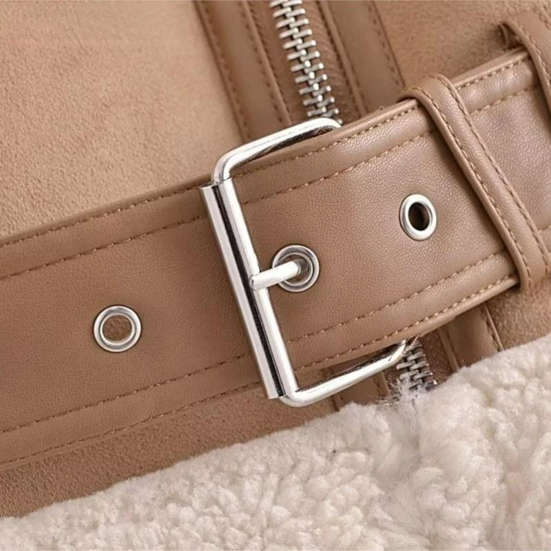 2023 Winter Women Fashion Vintage Suede Thick Faux Leather Coat Female Casual Warm Lamb Wool Biker Outwear Female