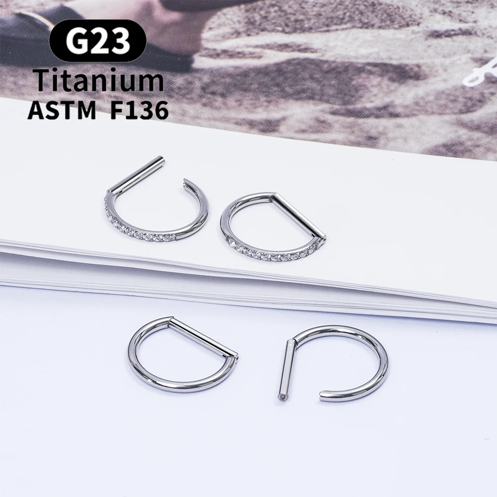 

G23 Titanium Piercing Jewelry 16G 8/10/12mm Nose Ring Half Ring CZ Paved D Shape Segment Ring Clicke Cartilage Tragus Helix Lip