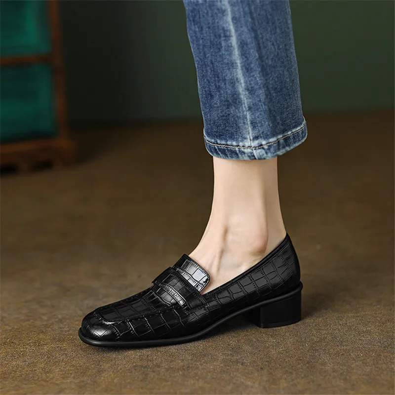 New Spring Women Shoes Split Leather Women Loafers Shoes Round Toe Chunky Heel Pumps Women Black Shoes Zapatos De Mujer Summer