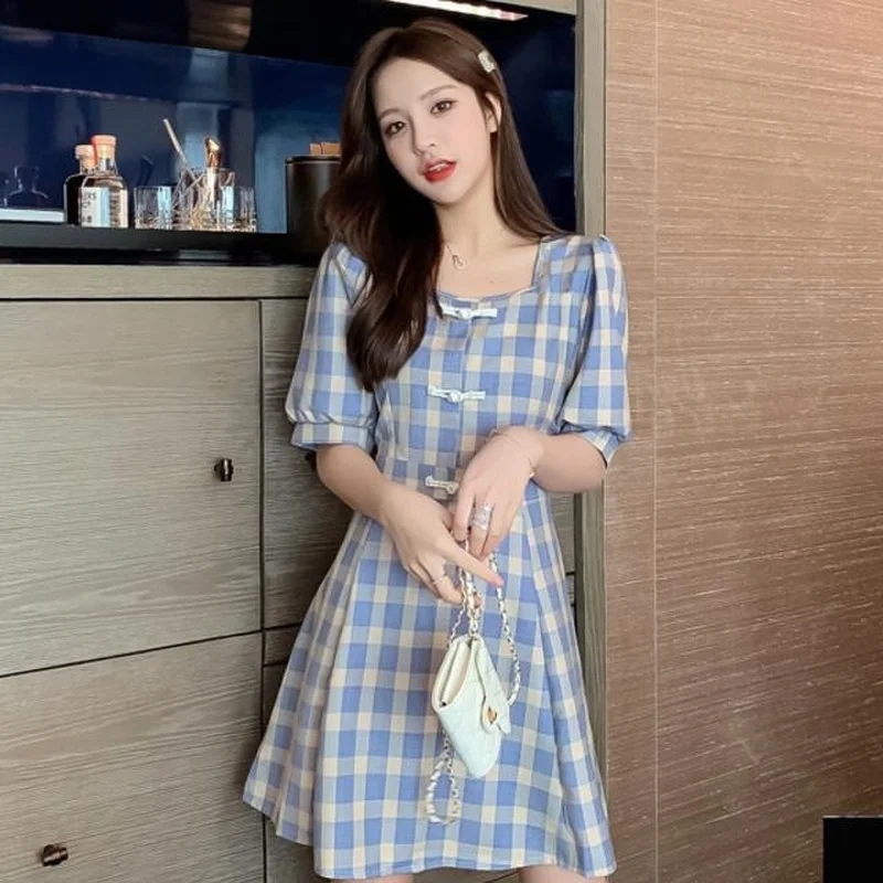 

Cute Blue Plaid Dress Summer Women Puff Sleeve Square Collar Short Sleeve Cottagecore Dress Vintage Slim High Waist Streetwear