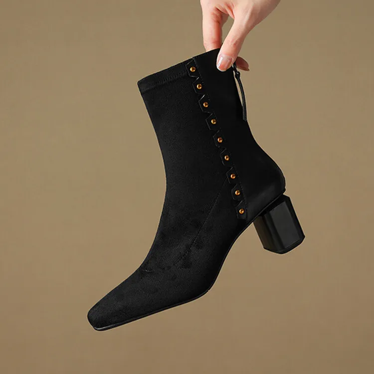 

Black Stretch Suede Women Ankle Boots Square Toe Autumn Elastic Short Botas Side Zipper Square High Heels Black Botines Femmes