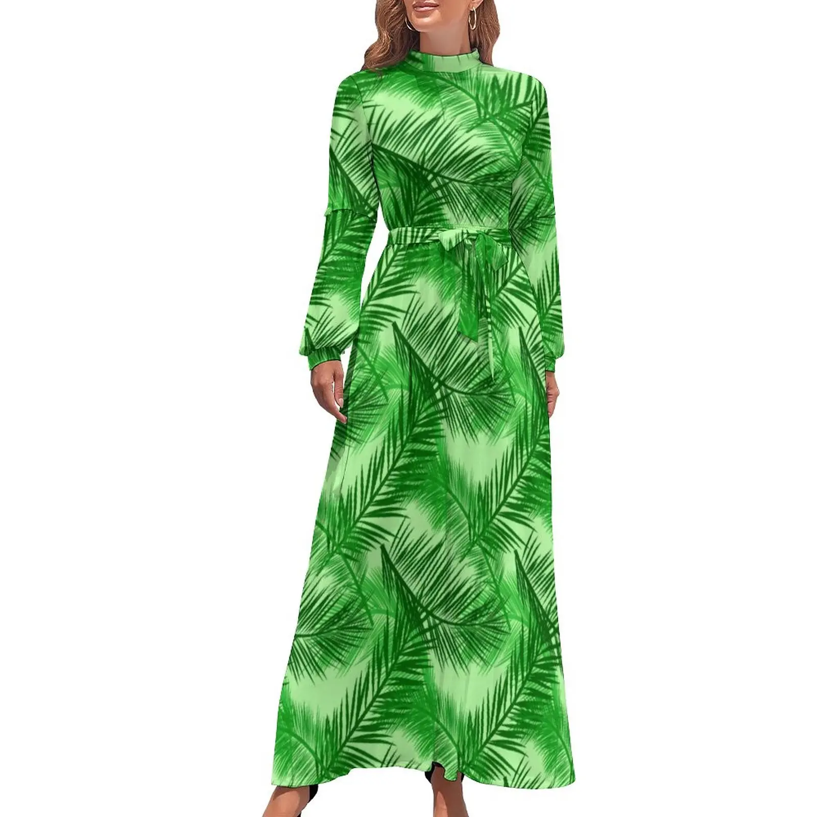 

Palm Leaf Print Dress Tropical Leaves Cute Printed Maxi Dress High Neck Long Sleeve Korean Fashion Bohemia Long Dresses