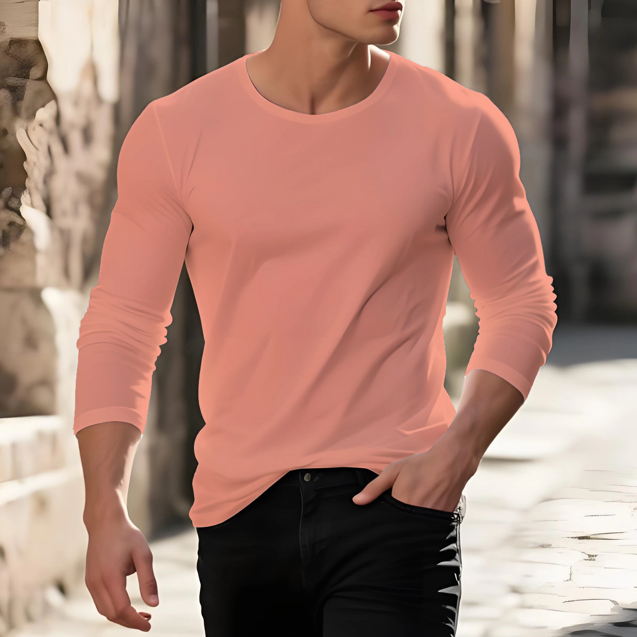 Фото Простые однотонные мужские футболки с длинными рукавами и принтом, повседневные свободные пуловеры с круглым вырезом, спортивные топы для бега и фитнеса, весенне-осенняя одежда №4