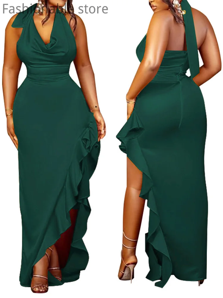

Women Sexy Halter Backless Ruffles Design Sleevless Irregular Party Dress