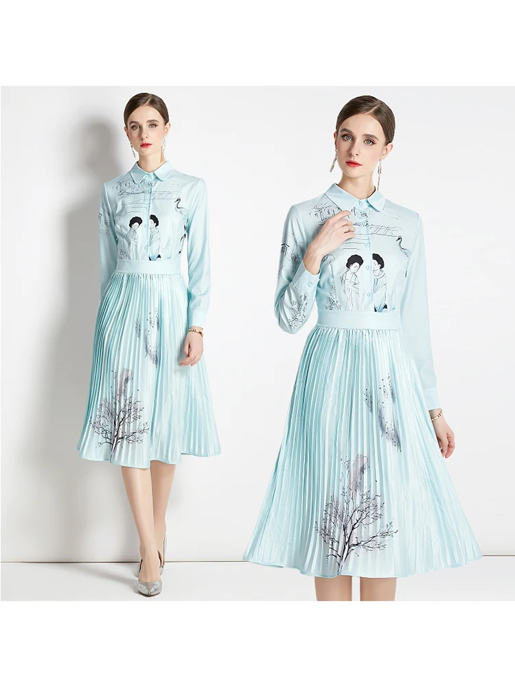 

Женское Плиссированное Платье-миди с длинным рукавом, голубое повседневное ТРАПЕЦИЕВИДНОЕ ПЛАТЬЕ-миди с отложным воротником, в винтажном стиле, лето 2023