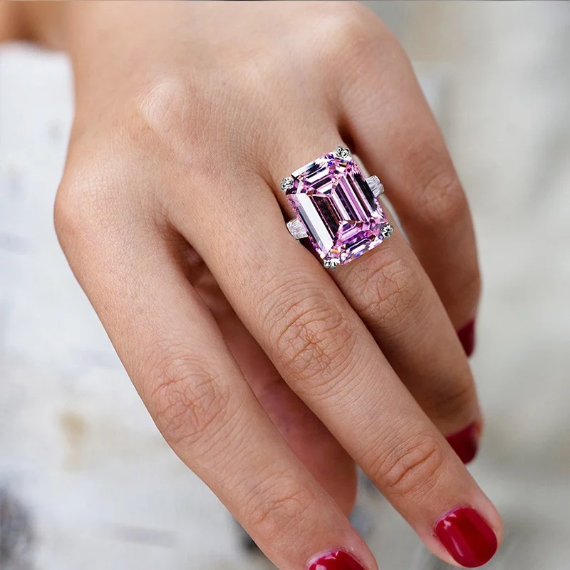 Luxury Rectangular Pink Stone Rings for Women Elegant Bride Engagement Wedding Ring Anniversary Valentine's Day Gift Jewelry