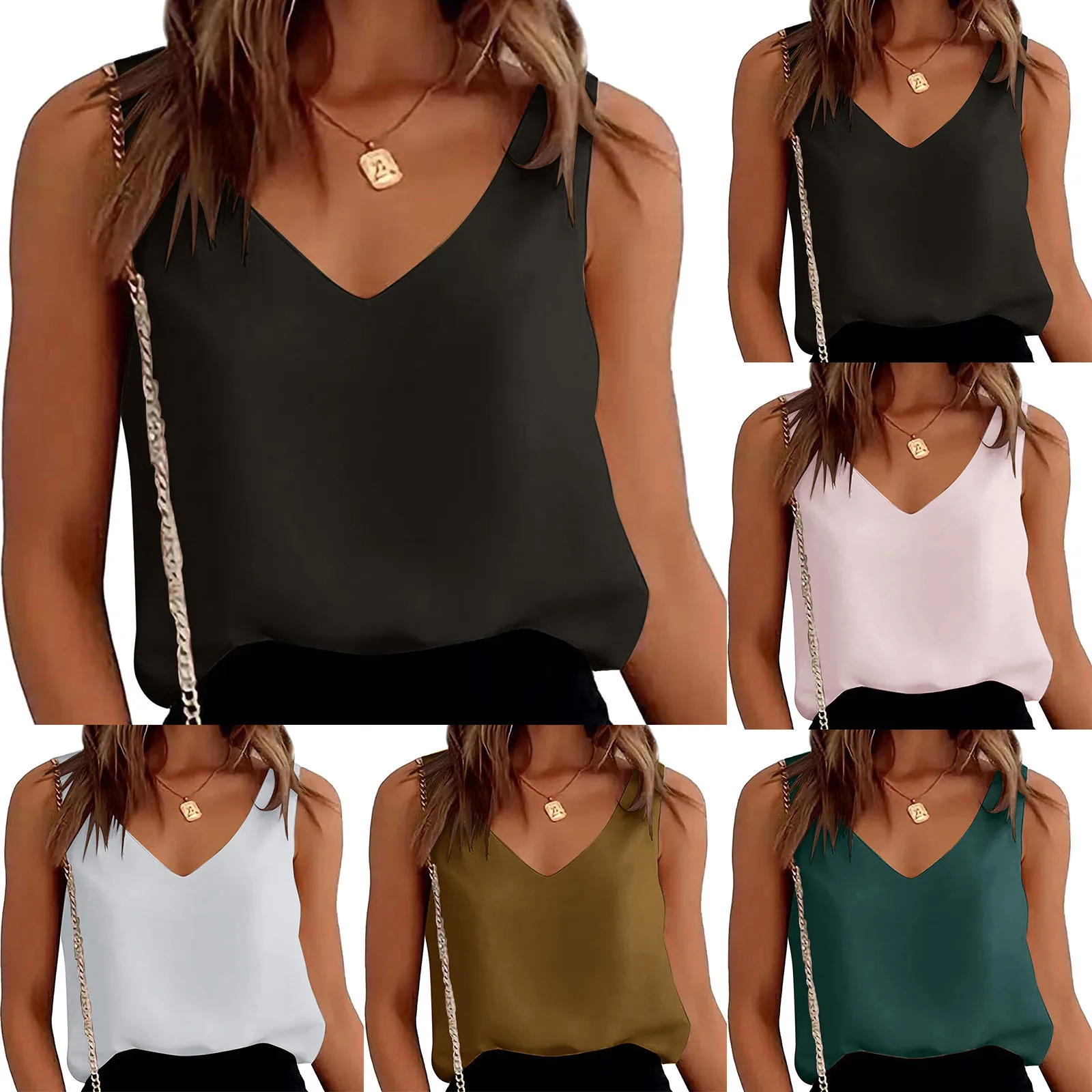 

Ladies Fashion Sleeveless Vest V Neck Loose Top Ladies Solid Color Casual T Shirt Tops in Women
