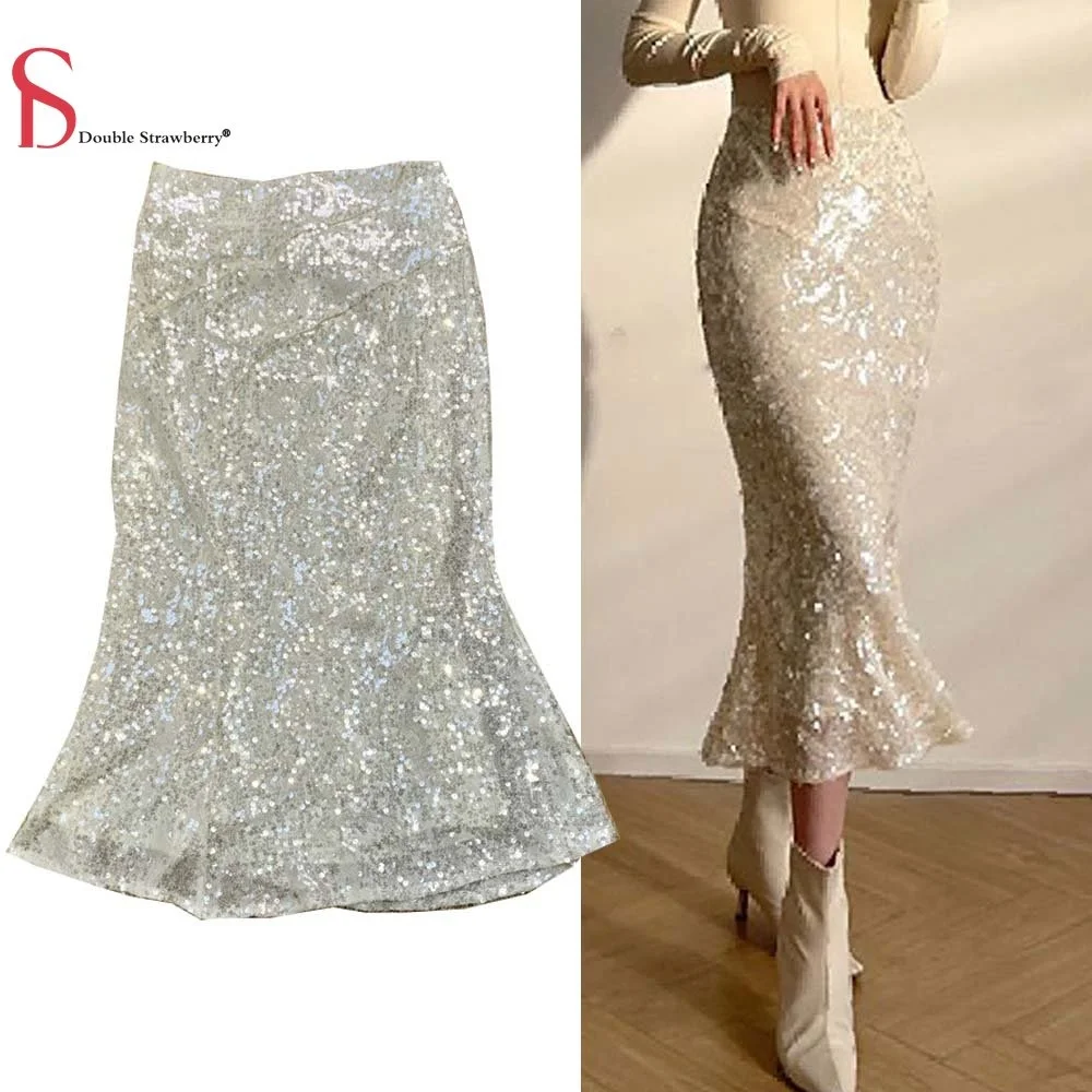 

Wrap Hip Skirt Shows Spring and Autumn Women's Thin Sequin One Word Fishtail Skirt Female with Lining