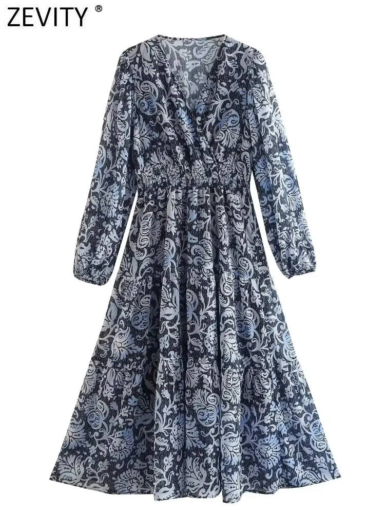 

Новинка 2022, женское винтажное шифоновое платье-миди Zevity с V-образным вырезом и цветочным принтом, женское шикарное повседневное облегающее ...