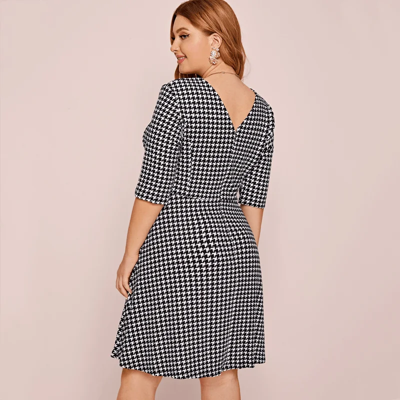 Plus Size R'l Oumeijia Plus size Chubby Girl Houndstooth 3/4 Sleeve Dress Temperament Slim fit A- line Skirt 679 |
