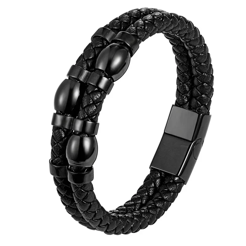 Fashionable Cross-Border Style Men's Genuine Leather Titanium Steel Punk Bracelet Black Versatile Stainless Unique Wristba