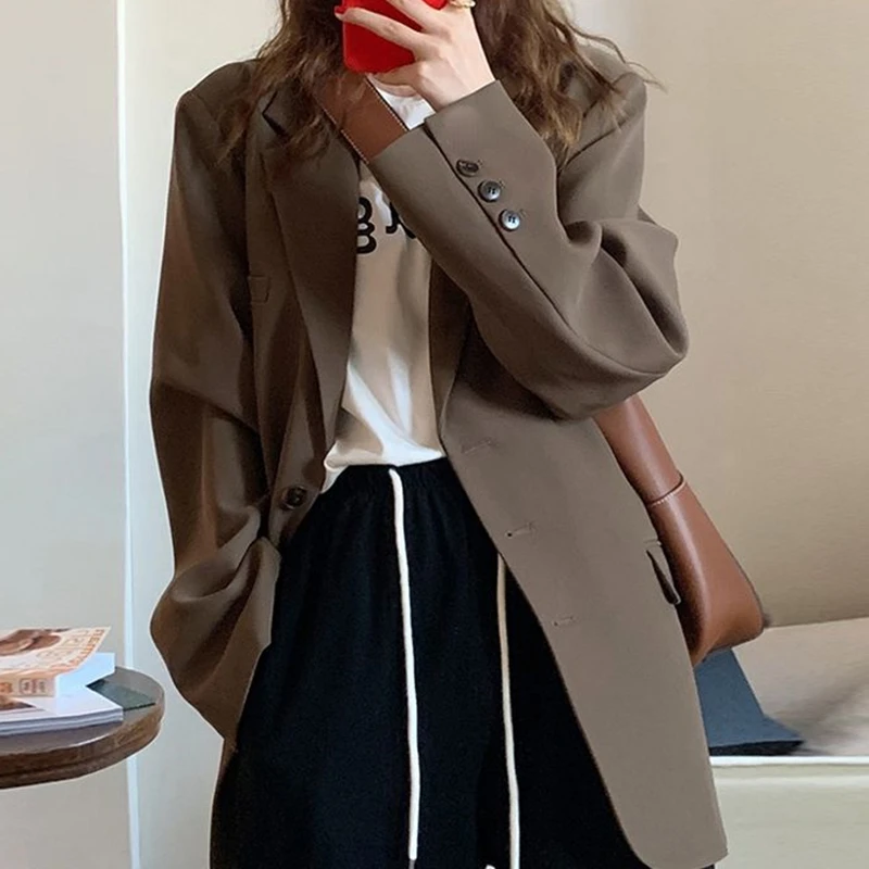 

Женский двубортный Блейзер, коричневый винтажный пиджак с длинным рукавом и карманами, верхняя одежда для офиса, 2021