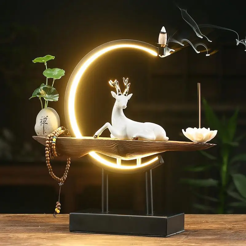 

Backflow Incense Burner Holder Smoke Waterfall Censer Buddha Lotus White Deer Censer With Lamp Circle Diffuser Decoration HY