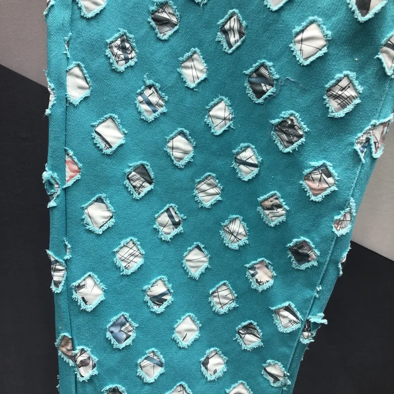 Sky Blue Hole Patch Jeans Women 2023 Spring Summer New Fashion High Waisted Jeans Slim Ankle-Tied Denim Harem Pants Streetwear