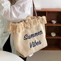 large capacity bag womens 2022 new summer college natural tassel canvas shoulder handbag embroidery niche tote shopping bag