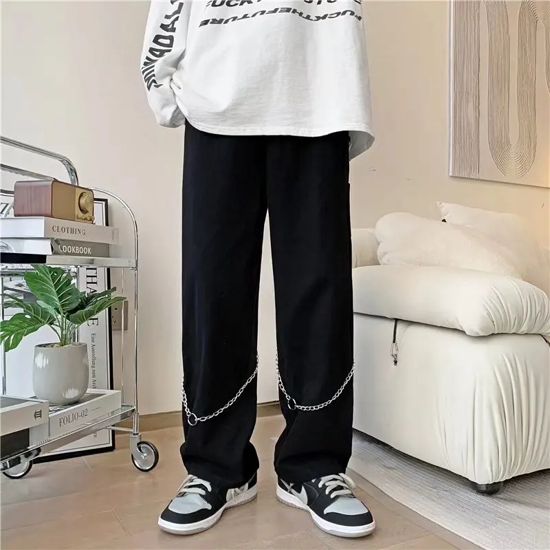 

Wide Leg Pants Men Women Spring New Harajukusolid Color Long Pants Casual Pants Men's Chain Trend Ankle-Length Pants