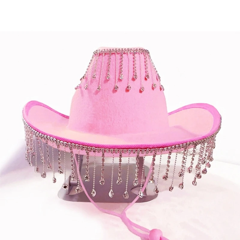 

Cowboy Hat with Rhinestones Fringe Glitter Rave Cowgirl Hat 58cm/23" Cap Circumference Fit for Adults Women Three Color