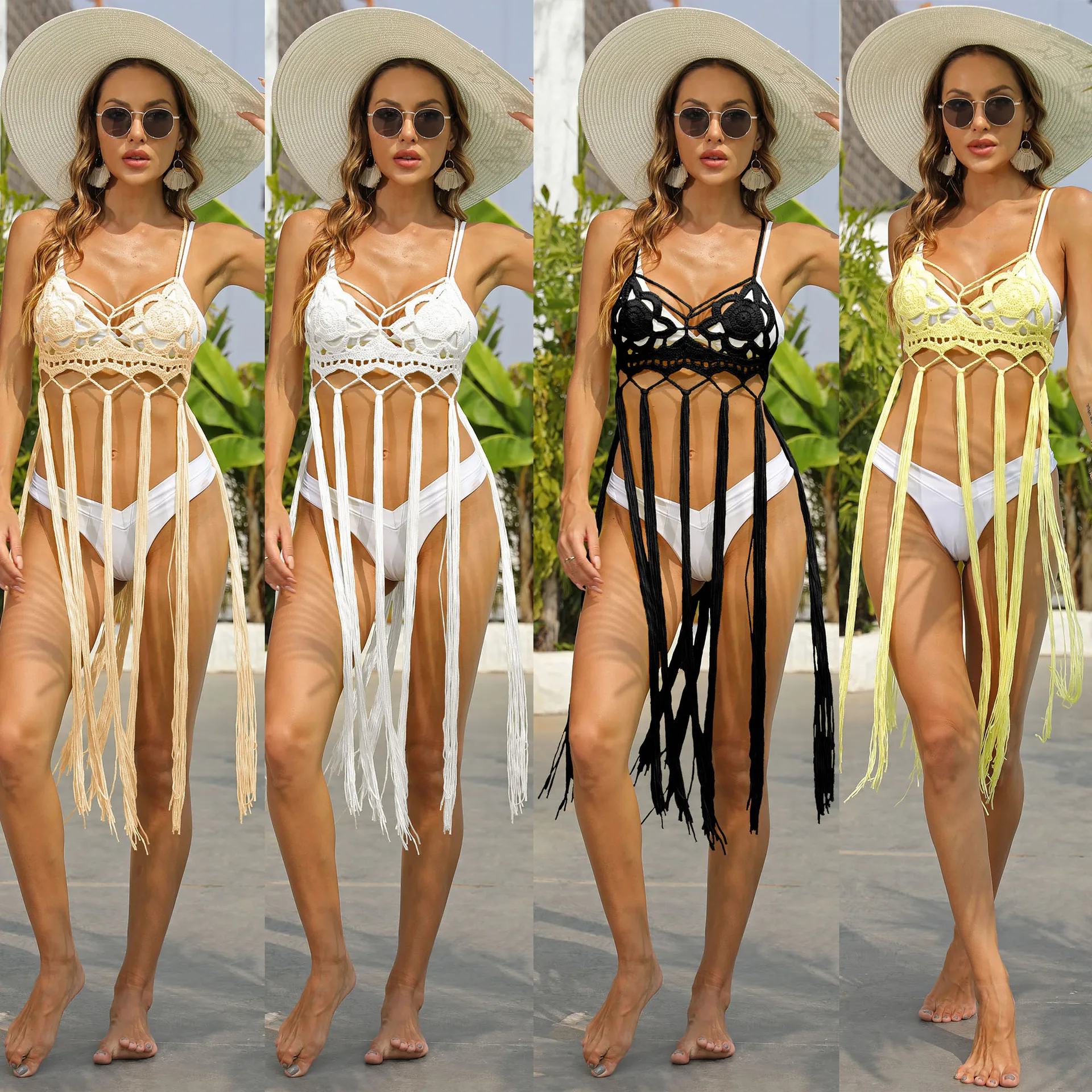 

Ladies Camisole Beach Coverups Women's Seaside Holiday Handmade Fringe Skirt Strap Bikini Swimwear Cover Up Women cardigan