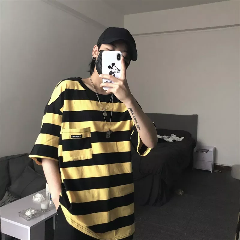 

Hip Hop Stripe Youthful Vitality Short Slevees t Shirt Harajuku Loose Unisex Punk Style Casual Top Kpop Pullover Streetwear