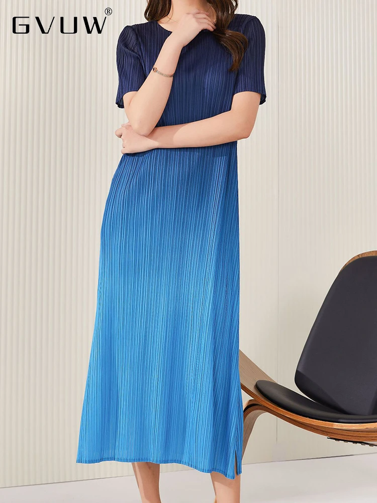

GVUW Gradient Color Dress For Women Pleated O-neck Loose Waist Short Sleeve 2023 Summer Female Patchwork Fashion Dresses 17J0284