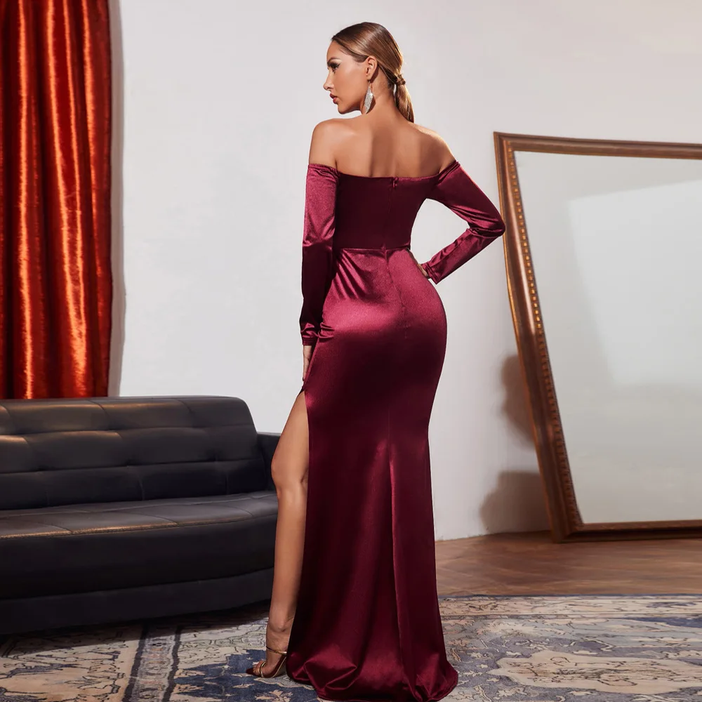 Women Elegant Mermaid Dress Off-Shoulder Long Sleeve Prom Party Dress Bodycon Slim Waist Vintage Evening Dress