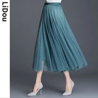 spring autumn fashion new mesh dress high waist slim dress solid elastic waist pleated skirt fairy korean style a line dress