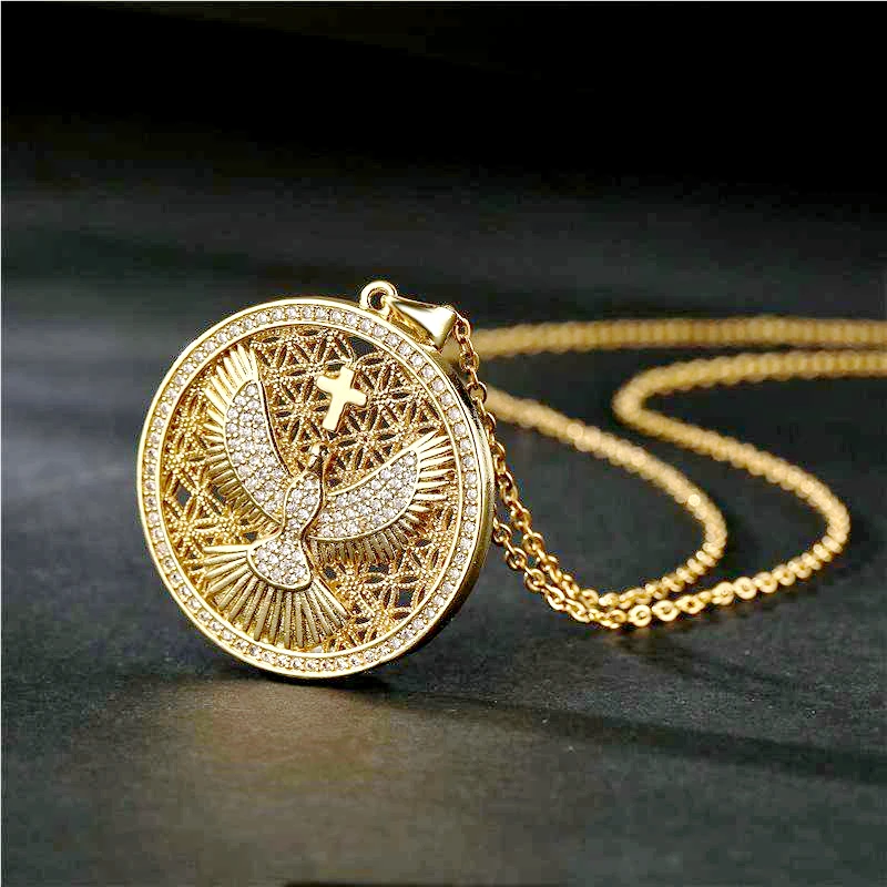 

Exquisite Hollow CZ Holy Spirit Medal Necklace Pendant for Women Gold Chain Short Necklace Amulet Jewelry Birthday Gift