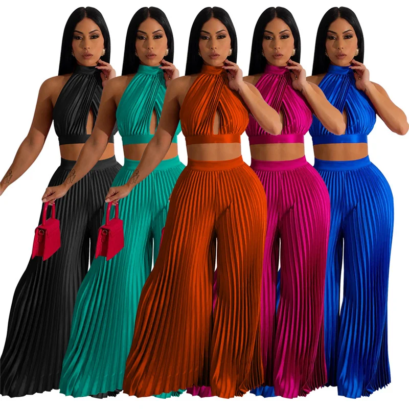 Znaiml 2023 Sexy Satin Pleated Birthday Outfits Women Matching Sets Club Party Halter Backless Crop Top and Wide Leg Pants Sets 6