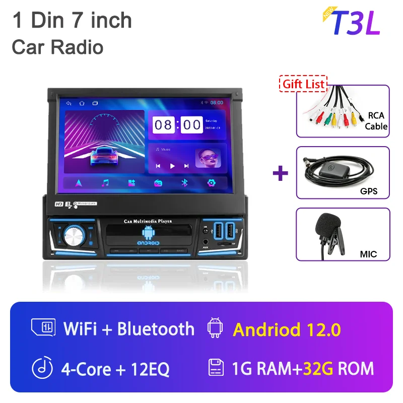 

1 Din 7 "выдвижной экран Android 11 Carplay стерео автомобильный радиоприемник GPS-навигация мультимедийный видеоплеер универсальный IPS аудио DVD