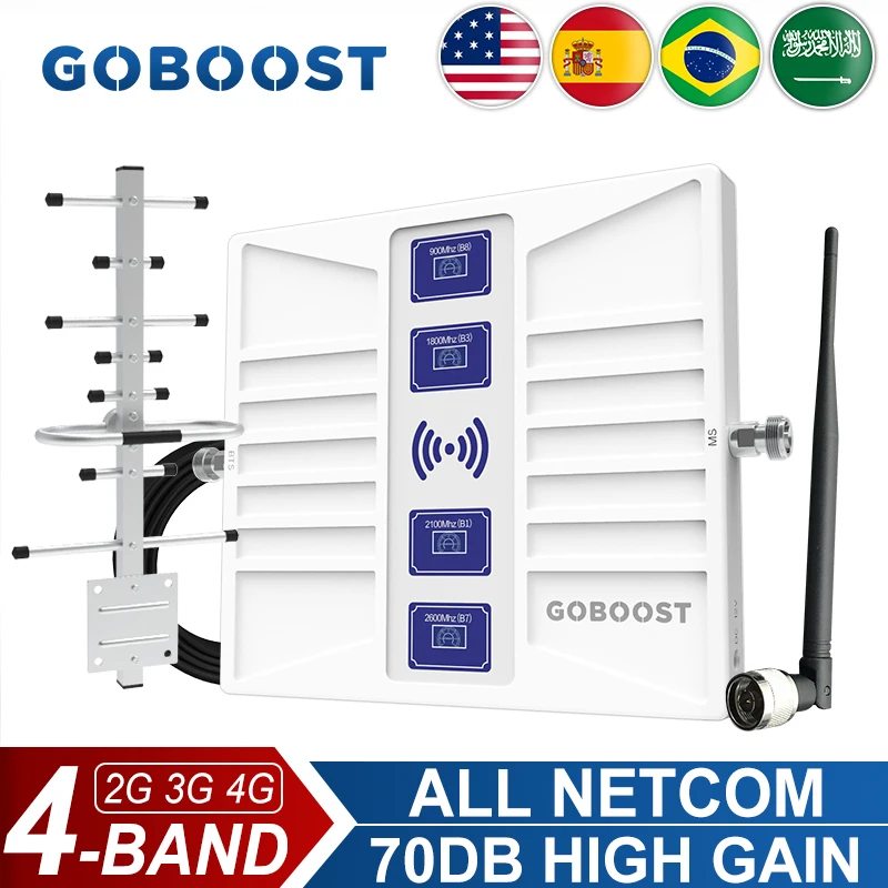 GOBOOST Signal Booster 4 Band 2G 3G 4G 70dB LTE Cellular Amplifier 700 800 850 900 1700 1800 1900 2100 2600 Network Repeater Kit