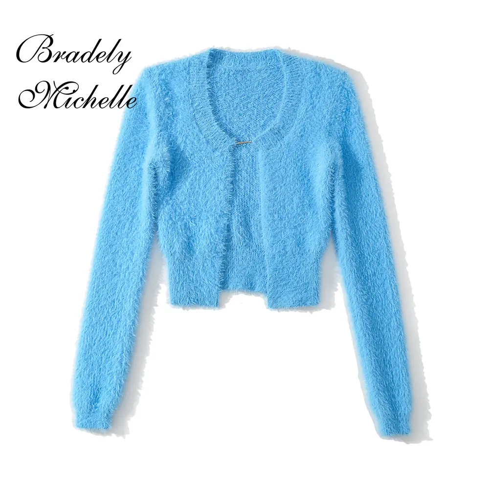 

Новинка 2022, пикантная модная женская одежда, Осенний вязаный однотонный мохеровый кардиган с длинными рукавами и круглым вырезом