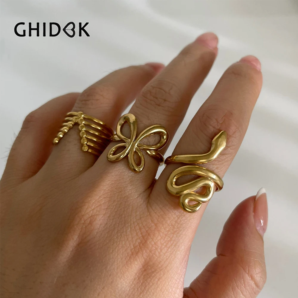 Фото GHIDBK 3 шт. Позолоченные полые бабочки V-образной формы Змея регулируемые Открытые Кольца для женщин винтажные готические фотообои подарок №1