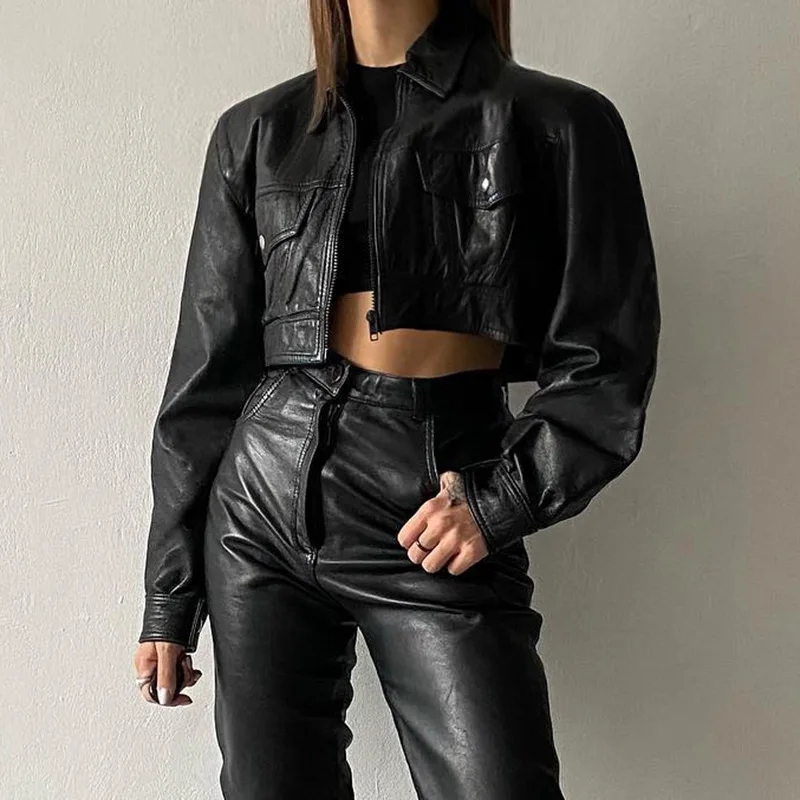 

Женская винтажная байкерская куртка Y2k, черная кожаная укороченная куртка в стиле панк, Байкерская модная уличная одежда с карманами, 90s
