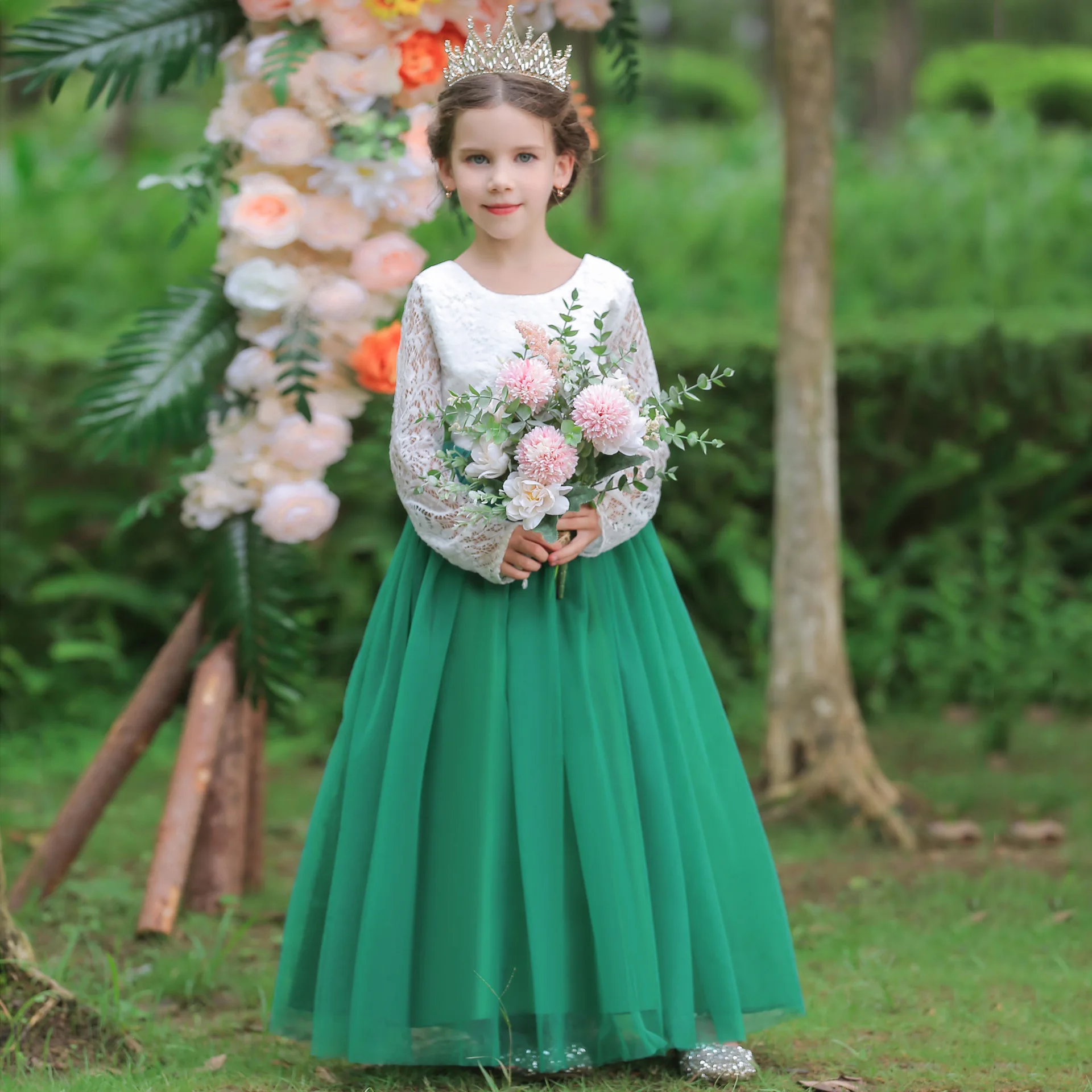 

Kids Dresses for Girls Dress Long Sleeve White Princess Dress Solid Lace Mesh Patchwork Ball Gowns 12 13 Years Children Clothes