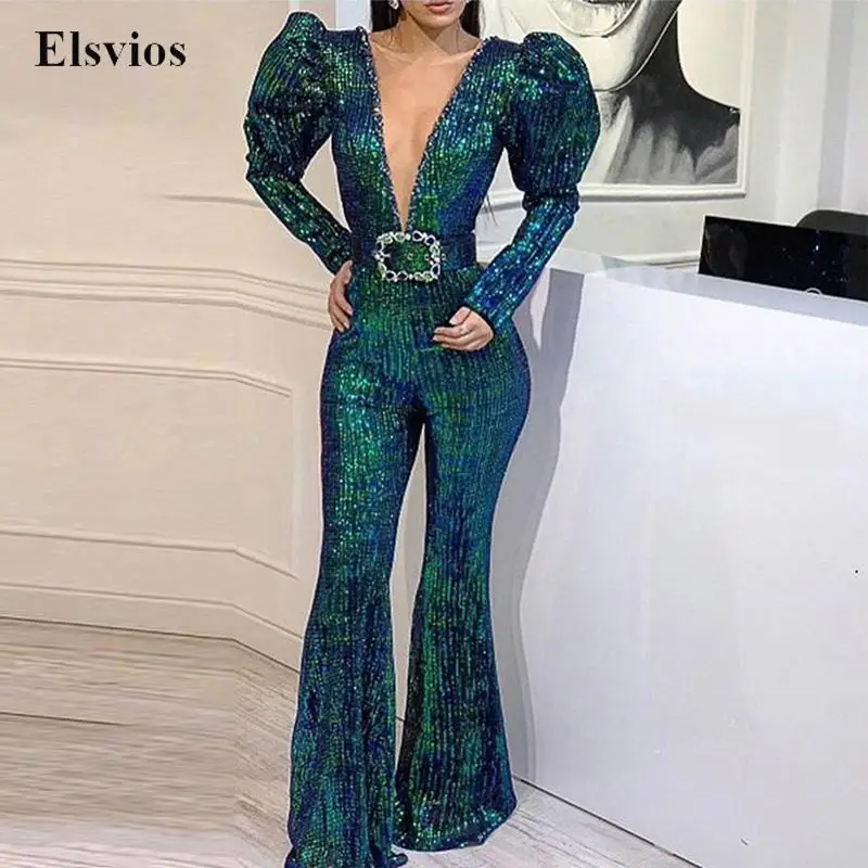 

Elegant Puff Sleeve Sequin Party Jumpsuit Fashion Lady Shiny Deep V Sexy Club Romper Women Belted Flare Pants Playsuit Overalls