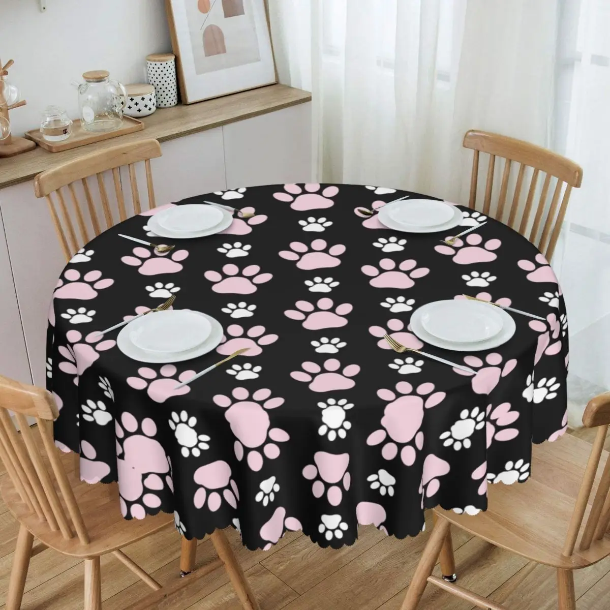 

Round Oilproof Pretty Pattern Of Pink Paws Paw Table Cover Cute Animal Dog Lover Tablecloth for Dining 60 inches Table Cloth