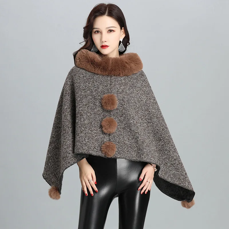 2022 New Imitation Fur European American Coat Women's Shawl Scarf Imitation Rex Rabbit Hair Cape Lady Cloak Poncho