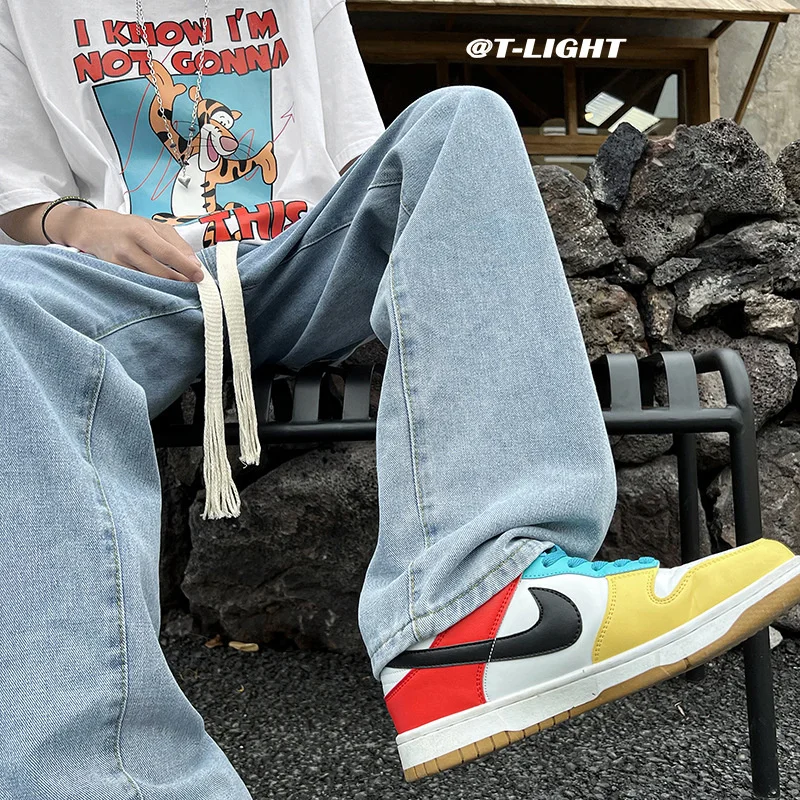 Grey/Blue Baggy Jeans Men Fashion Drawstring Casual Wide Leg Jeans Mens Streetwear Loose Hip Hop Straight Denim Pants Men S-3XL