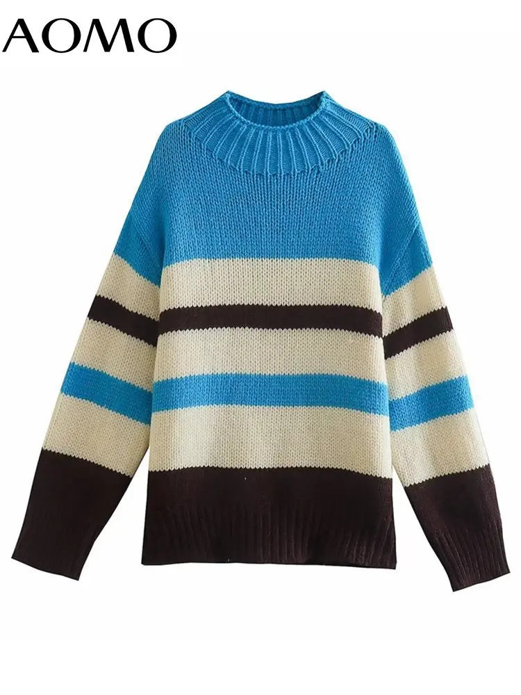 

AOMO Women Blue Striped Knit Sweater Vintage Long Sleeve Female Loose Jumper 3N11A