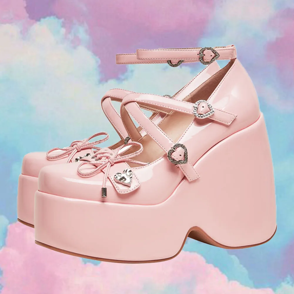 

Wedges Platform women's Marry Jane Pumps INS Brand New 2023 Big Size 43 Heart Buckle Punk Goth Fashion Pink Lolita Cosplay Shoes